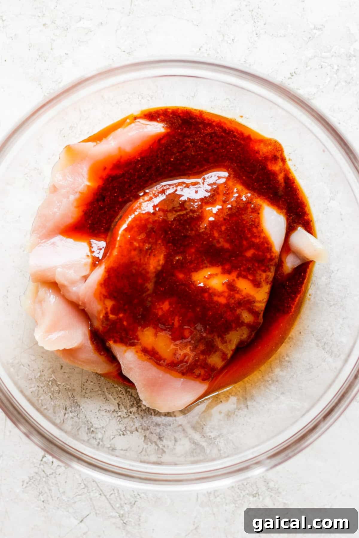 A piece of marinated BBQ chicken in a bowl, coated in delicious sauce.
