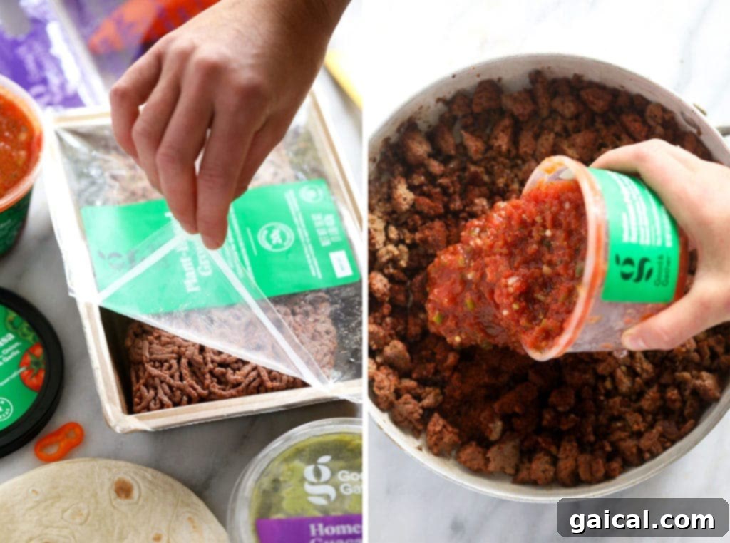 Flavorful Plant-Based Ground with Salsa for Tostadas Sautéed plant-based ground mixed with vibrant serrano pepper salsa, ready to be layered onto tostadas.