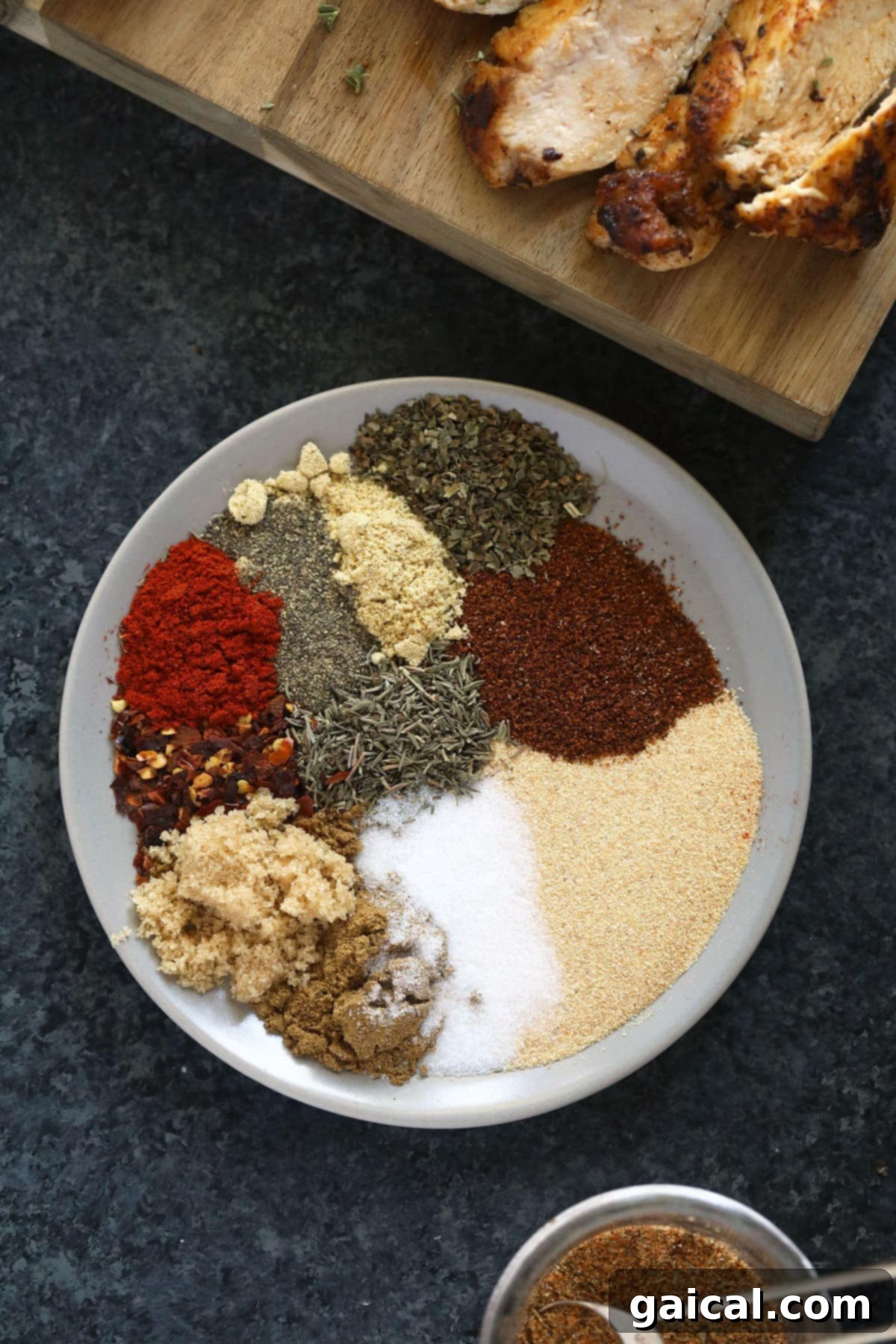 This chicken seasoning recipe is sweet, savory, and a little smokey all at the same time. Learn how to season chicken with this recipe. A vibrant assortment of dried spices and herbs, including paprika, garlic powder, chili powder, and brown sugar, artfully arranged on a white plate, ready to be blended into the perfect chicken seasoning.