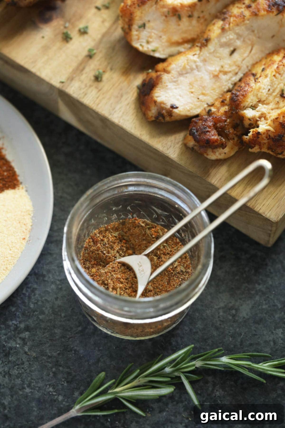 Universal Poultry Flavor Blend 3 All-purpose chicken seasoning stored neatly in a small, clear glass jar with a tight-fitting lid, ready for future culinary adventures.