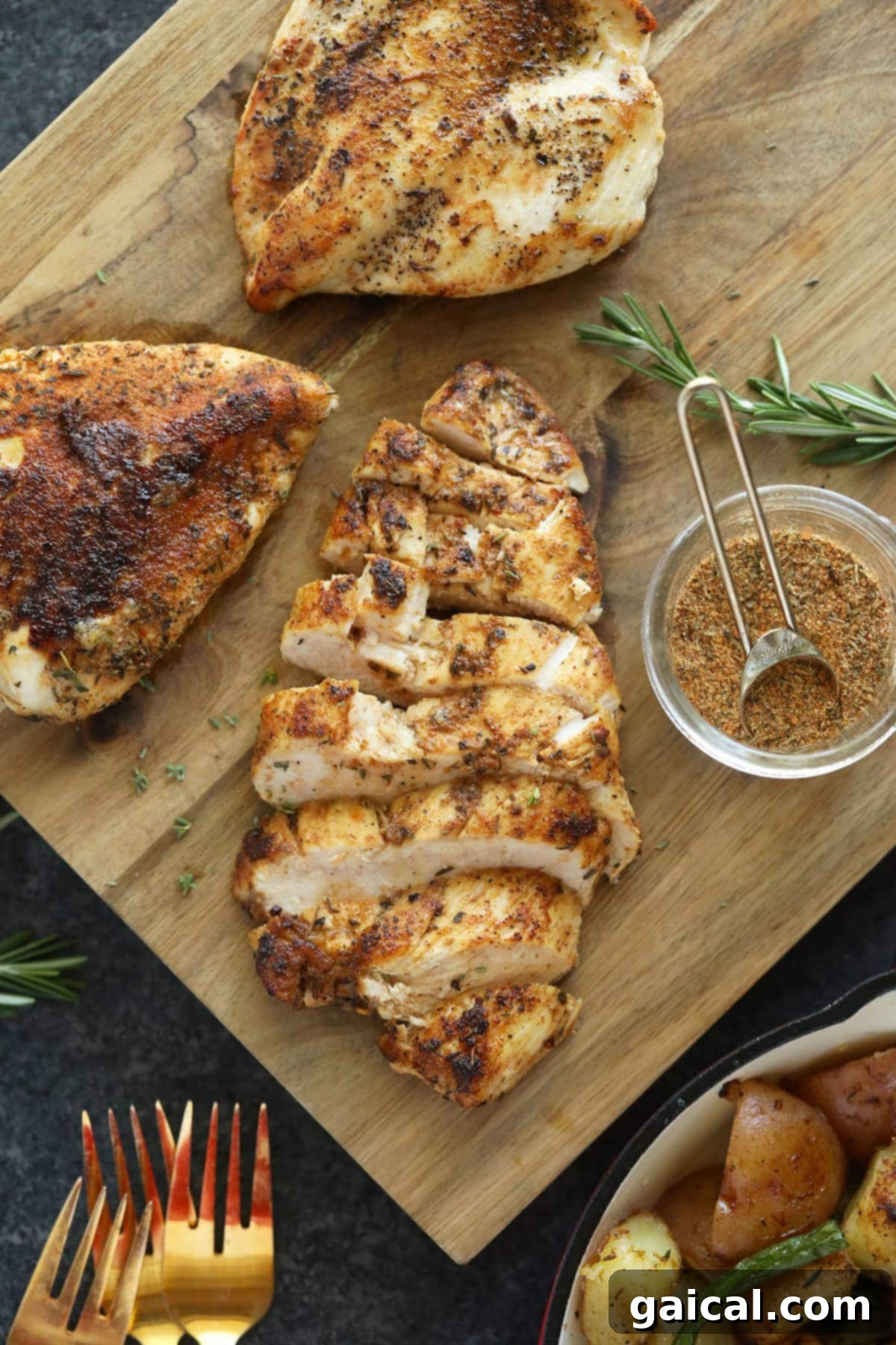 Universal Poultry Flavor Blend 5 A perfectly seasoned and baked chicken breast, golden brown and juicy, resting on a rustic wooden cutting board, ready to be sliced and served for a delicious meal.