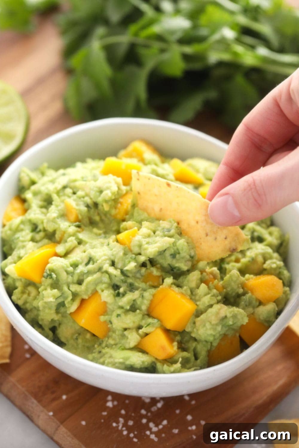 A mouth-watering close-up of fresh mango guacamole in a bowl, with a single golden tortilla chip perfectly scooped into its chunky, creamy texture, ready to be enjoyed.