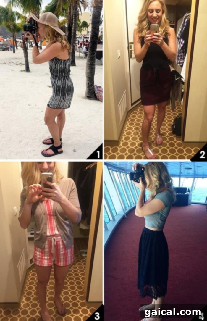 Effortlessly Slim: My Vacation Outfit Showcase 4 Effortless casual vacation outfits, featuring versatile rompers, high-waisted skirts, and stylish accessories like sun hats and comfortable sandals.