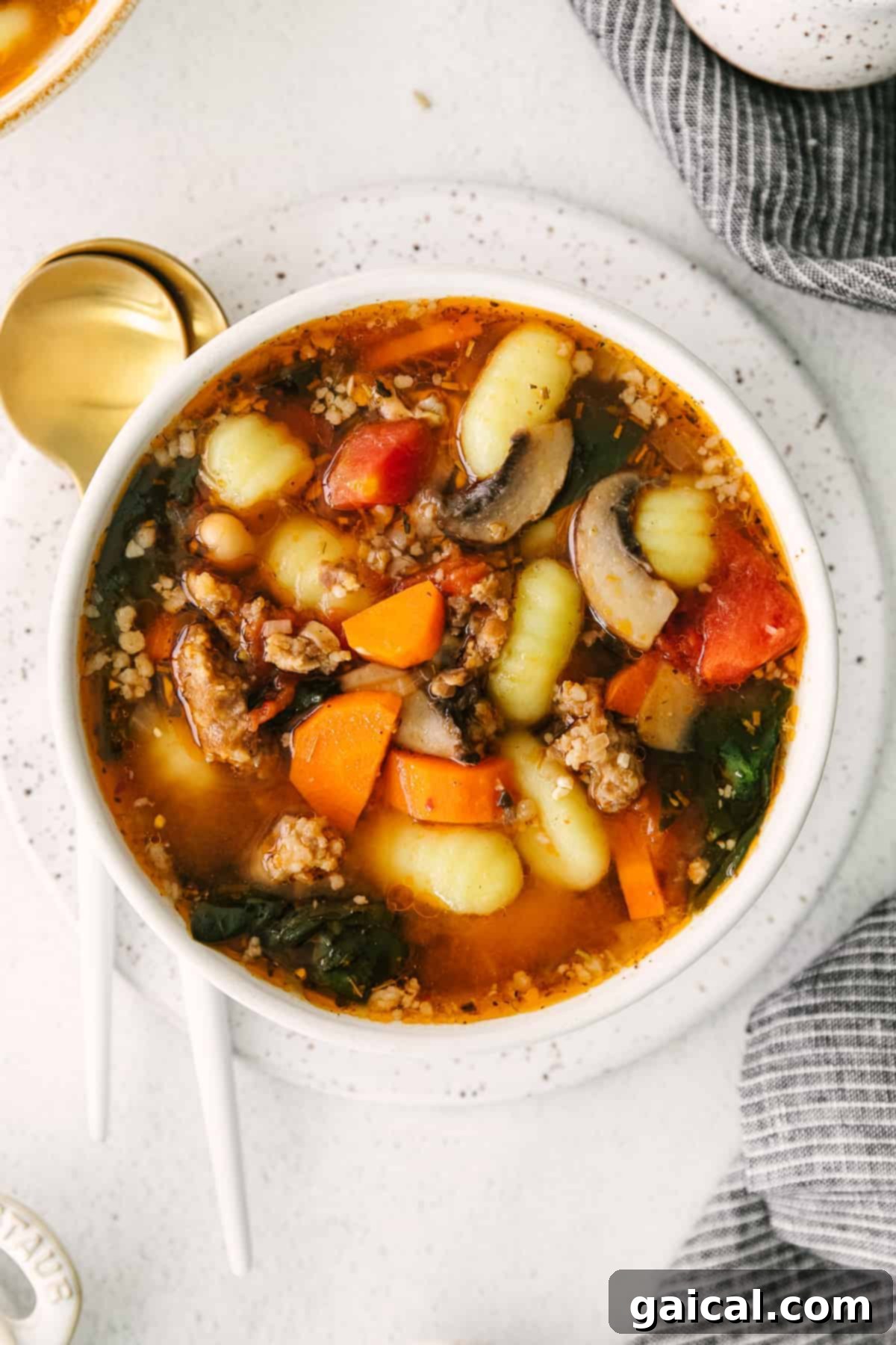 A steaming bowl of homemade sausage gnocchi soup, garnished with fresh herbs, perfect for a cozy meal.