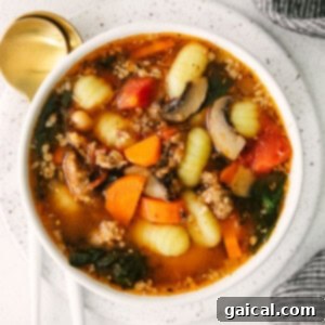 A beautiful serving of sausage gnocchi soup in a bowl, ready to be enjoyed.