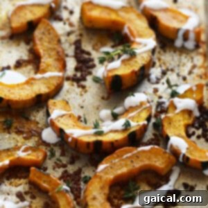Roasted delicata squash beautifully arranged on a serving dish, generously drizzled with creme fraiche garlic sauce and fresh thyme.
