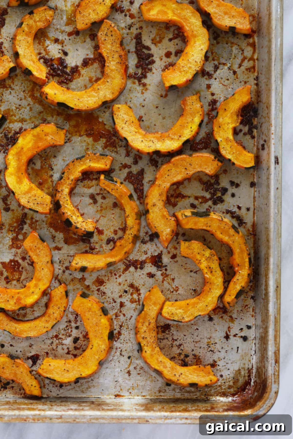 Golden Roasted Delicata Squash - A Perfect Side Dish for Any Occasion Close-up photograph of golden-brown roasted delicata squash slices arranged neatly on a parchment-lined baking sheet, showcasing their tender texture and caramelized edges.