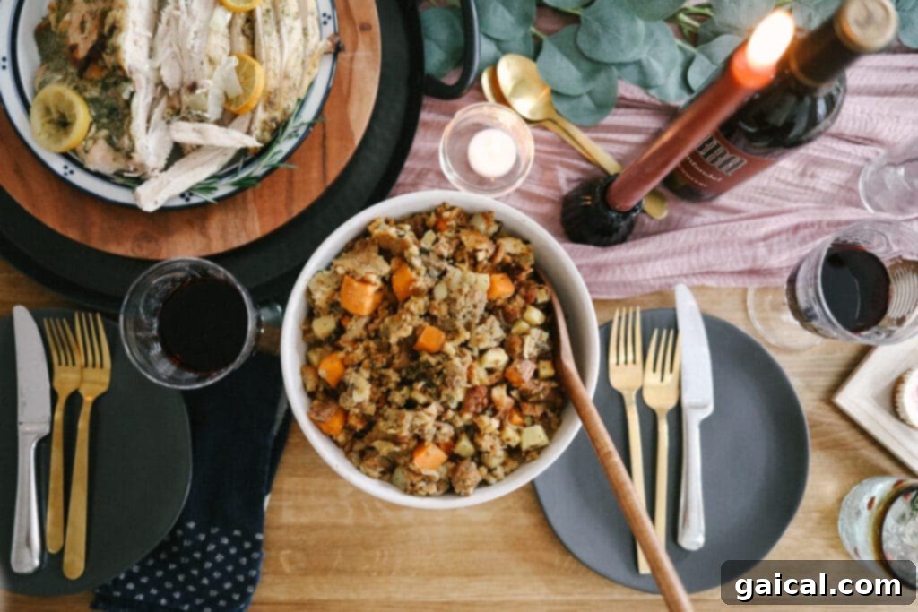 Sausage stuffing in a serving bowl