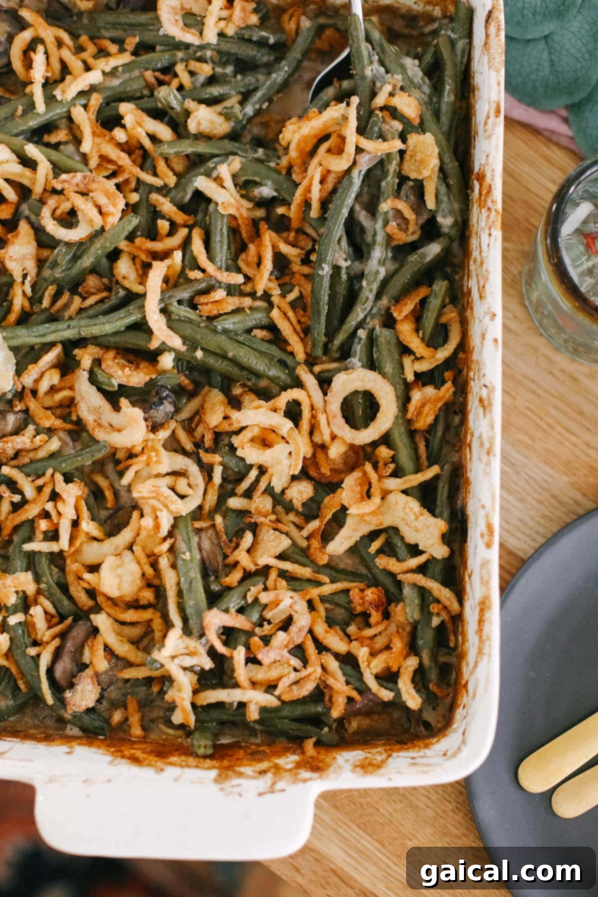 Vegan green bean casserole on a table