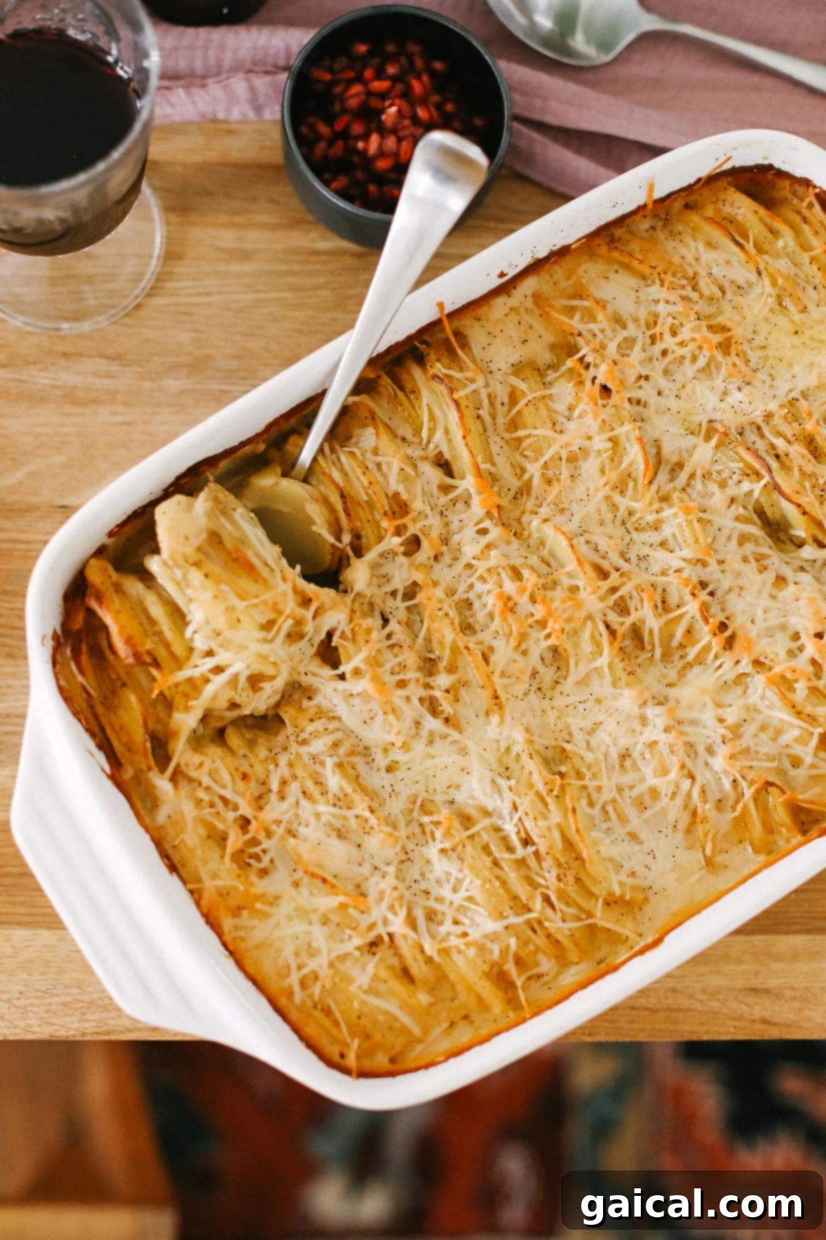 Cheesy scalloped potatoes on a table