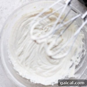 A close-up of healthy Greek yogurt cream cheese frosting being whipped smooth in a bowl with an electric hand mixer, demonstrating its creamy texture.