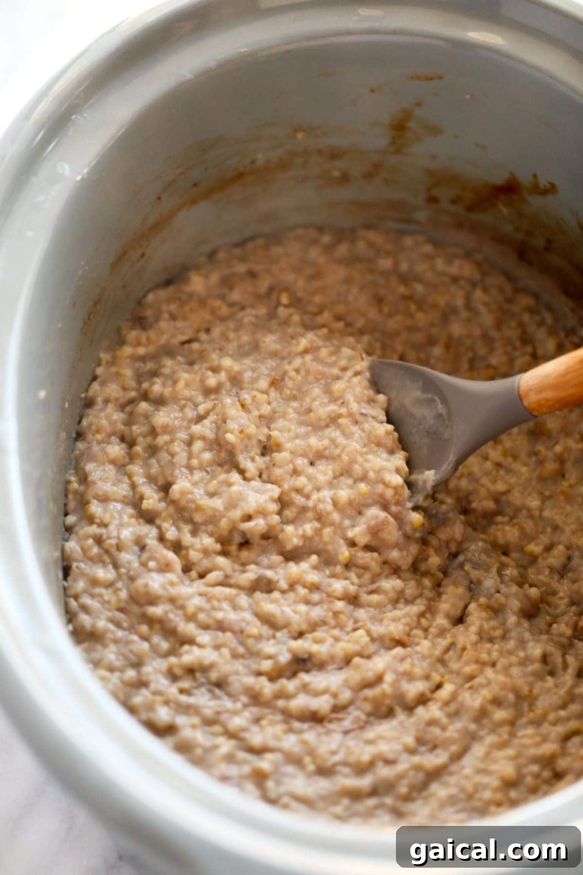 There is seriously nothing better than a warm bowl of steel cut oatmeal for breakfast. They're chewy, nutty, and so good! I love topping mine with fresh fruit such as blueberries and banana slices with a dollop of peanut butter. Cooked steel cut oats gently simmering in a slow cooker, showcasing their creamy and hearty texture, ready to be served.