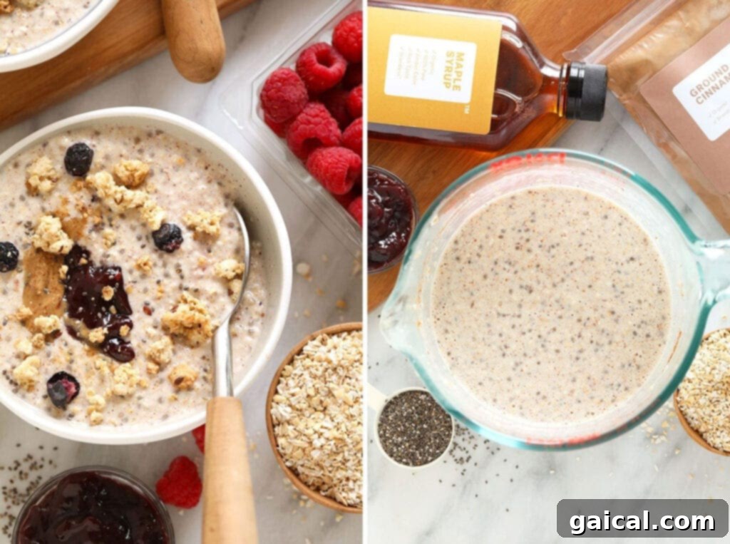 Overnight steel cut oats are essentially quick-cooking overnight oats soaked in some kind of liquid overnight. Our favorite overnight steel cut oats is made with chia seeds, almond milk, maple syrup, and spices. Overnight steel cut oats served in a jar with fresh berries and nuts, illustrating a convenient and healthy no-cook breakfast option.