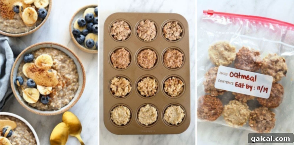 Steel cut oats are an excellent make-ahead breakfast idea. You can make a double or triple batch at once and then freeze the rest for later. Check it out! Frozen steel cut oat portions stored in a muffin tin and freezer bags, demonstrating an effective meal prep strategy.