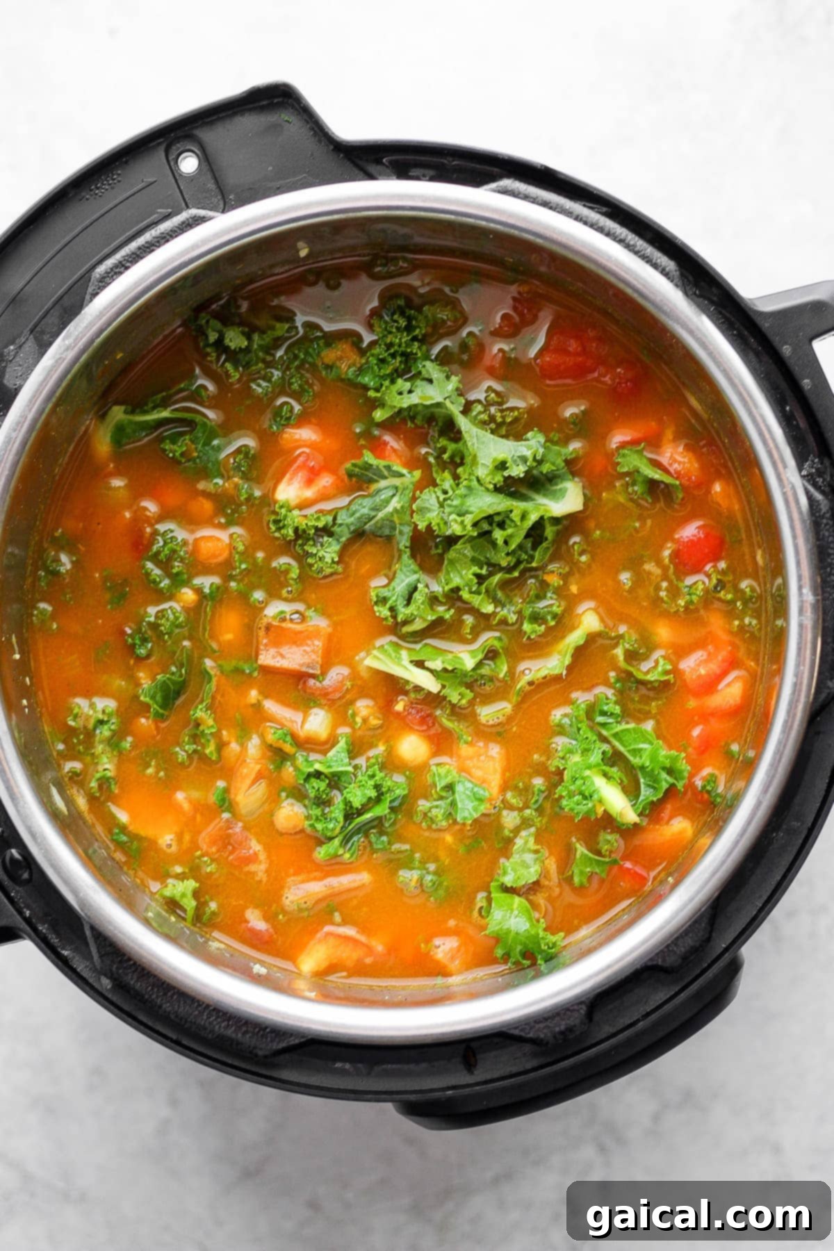 Instant Pot lentil soup in a bowl with fresh kale leaves on top as garnish.