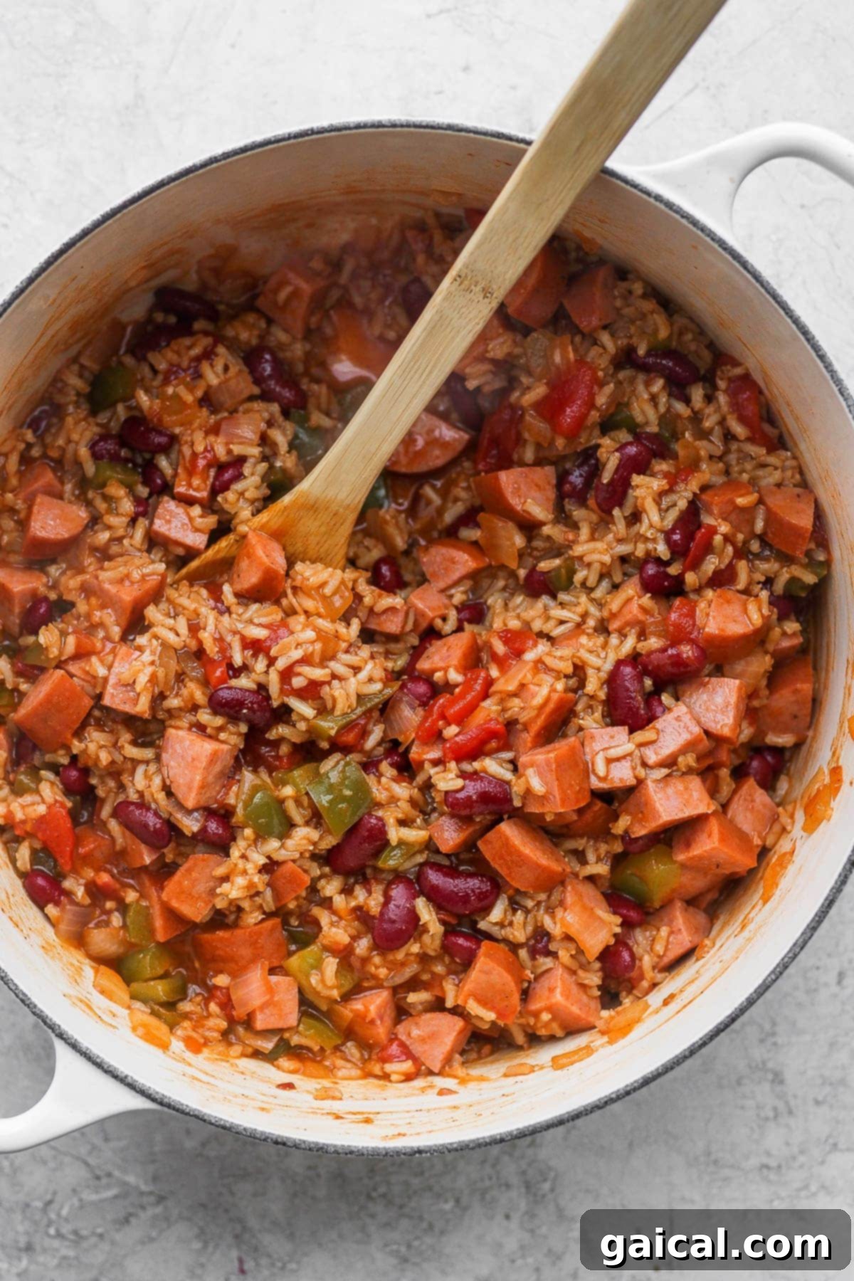 Red Beans and Rice simmering in a large Dutch oven