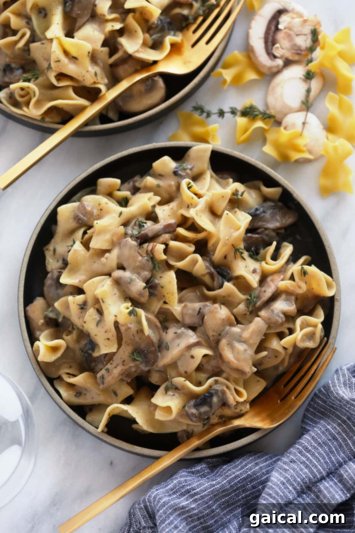 Creamy Mushroom Stroganoff 2 A beautifully presented serving of creamy vegetarian mushroom stroganoff with egg noodles on a pristine white plate, garnished with fresh herbs, ready to be enjoyed.