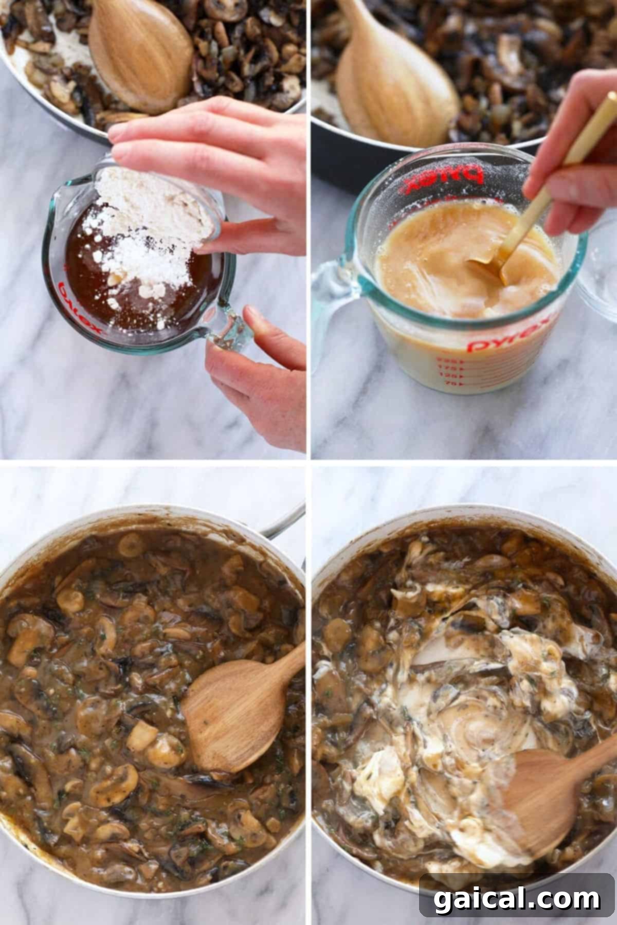 Creamy Mushroom Stroganoff 5 A sequential four-step visual guide demonstrating the preparation of mushroom stroganoff sauce: a person adding flour to broth, vigorously stirring the mixture, then cooking it with mushrooms in a pan, and finally stirring in the creamy components to finalize the sauce.