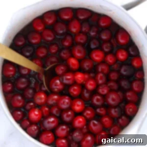 Fresh cranberries are added to a saucepan with other ingredients to start cooking the lemon ginger cranberry sauce.