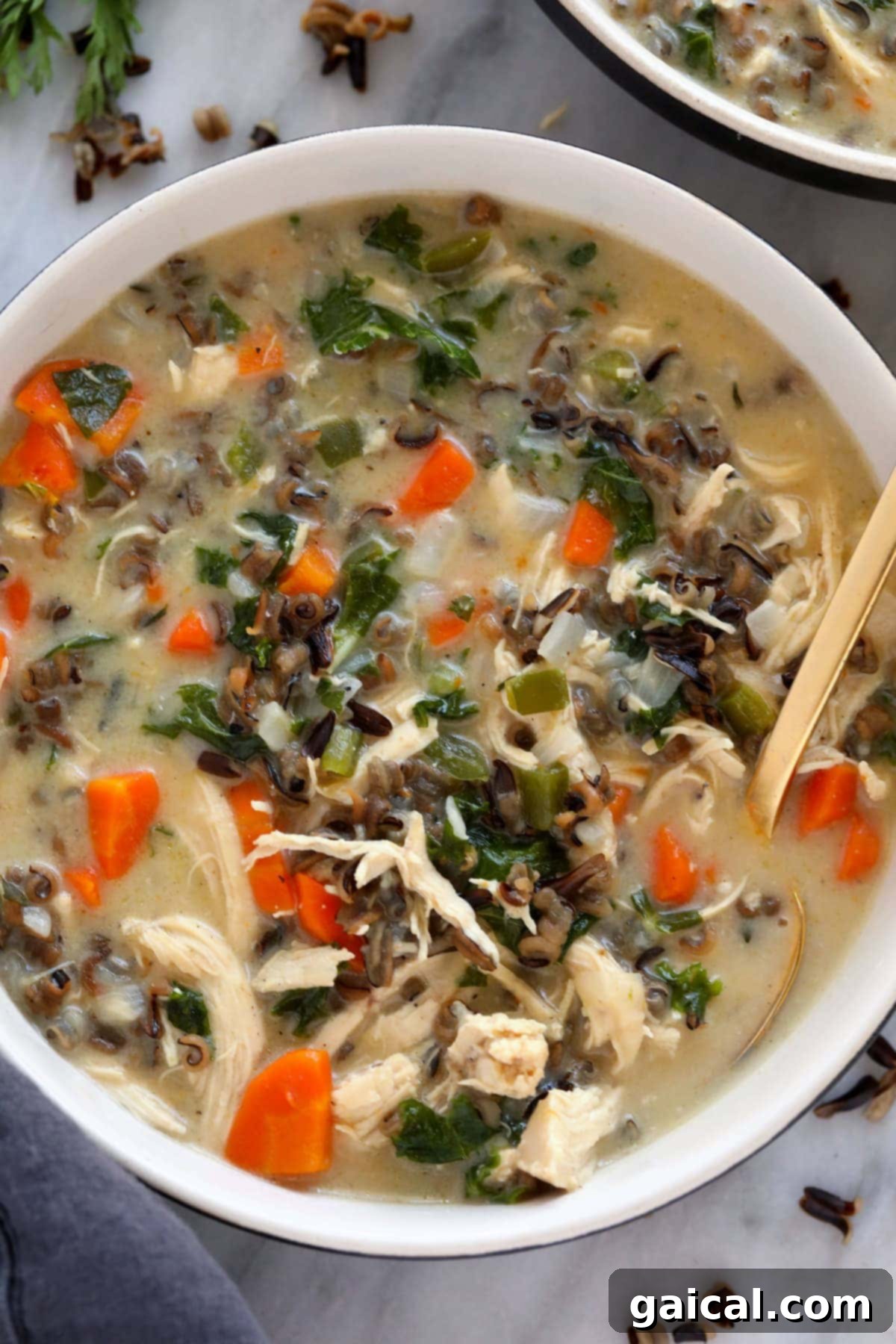 Hearty Chicken Wild Rice Soup 9 A comforting bowl of chicken wild rice soup garnished with fresh herbs, ready for serving.