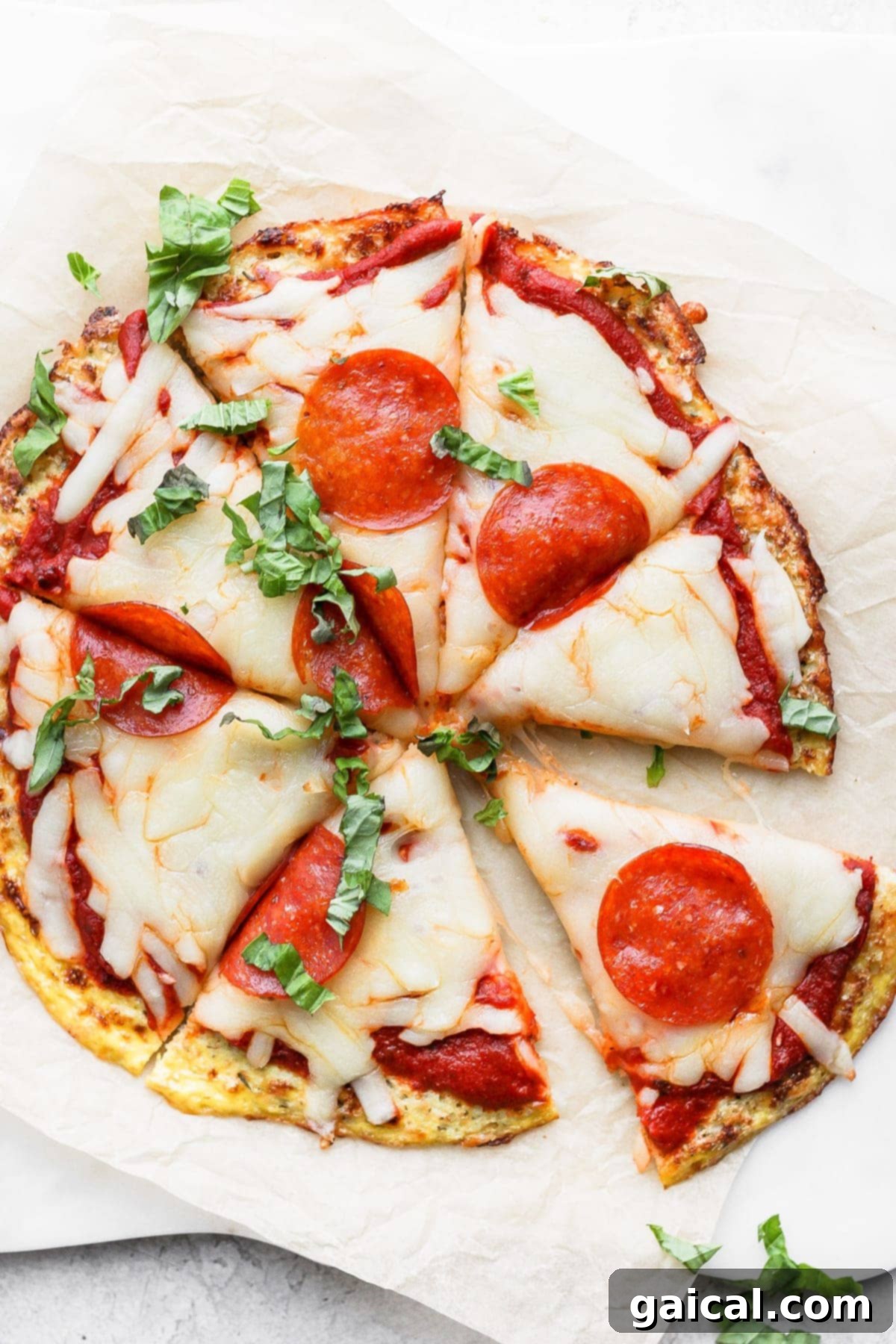 Crispy cauliflower pizza crust topped with melted cheese, classic pepperoni, and fresh basil, ready to be served.