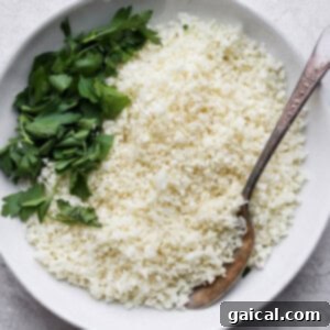 a bowl of white rice with parsley and a spoon.