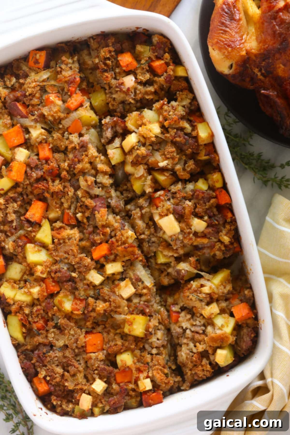 Golden Brown Sausage Stuffing in Casserole Sausage stuffing in a casserole dish, golden brown and ready to serve.
