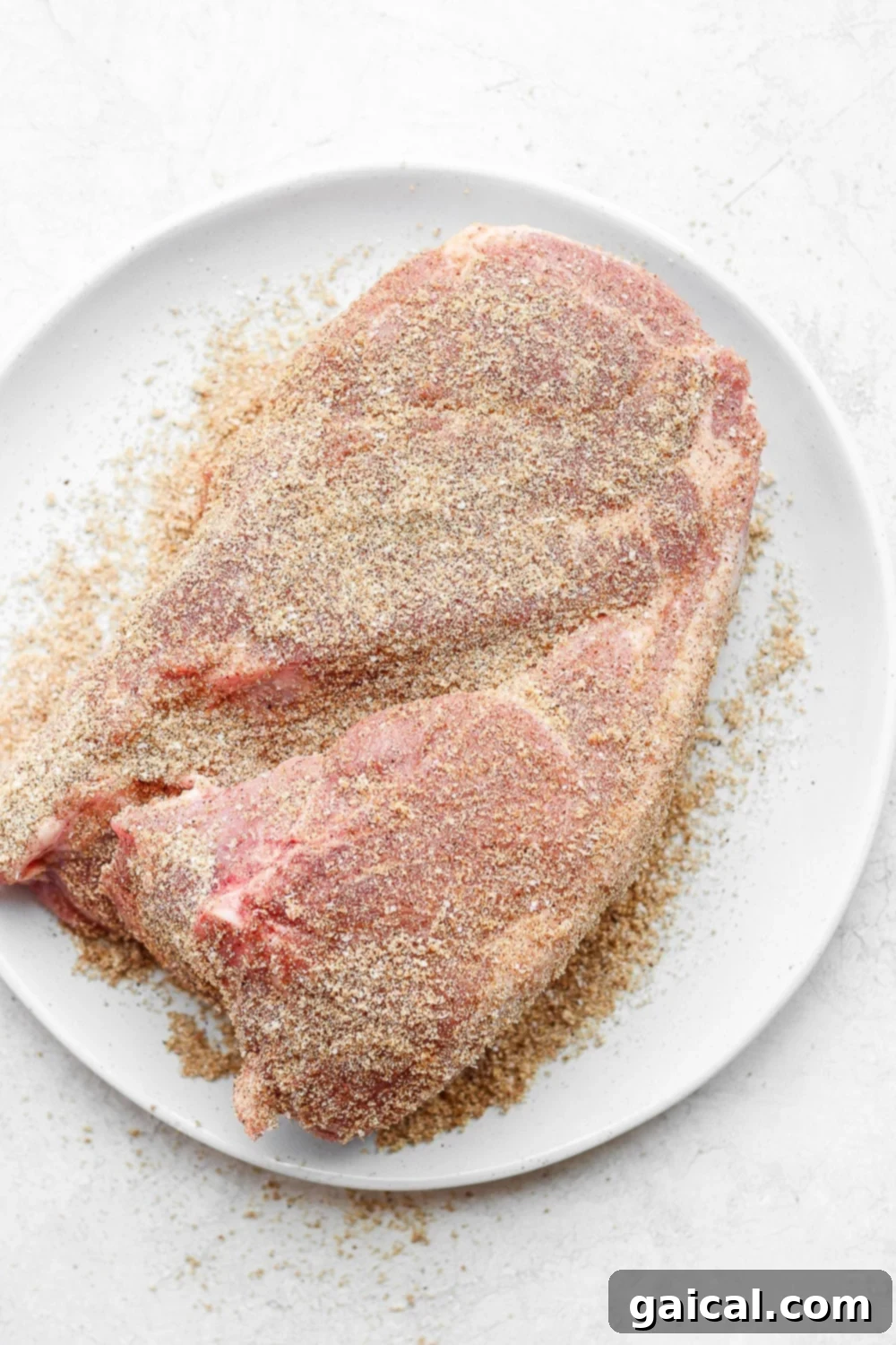 Seasoned Pork Shoulder for a Flavorful Roast Pork shoulder generously seasoned with herbs and spices, ready for cooking.