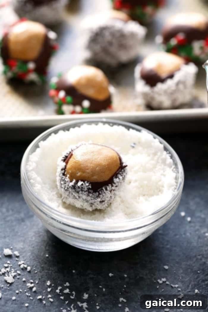 Guilt-Free Protein Buckeye Bites 4 A bowl of healthy chocolate peanut butter truffles on a baking sheet.