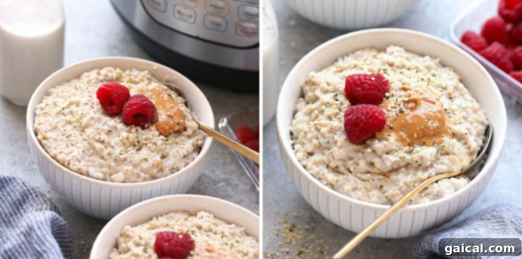 Instant Pot Steel Cut Oats A bowl of perfectly cooked Instant Pot Steel Cut Oats, garnished with fresh berries and a drizzle of honey, offering a chewier texture compared to rolled oats.