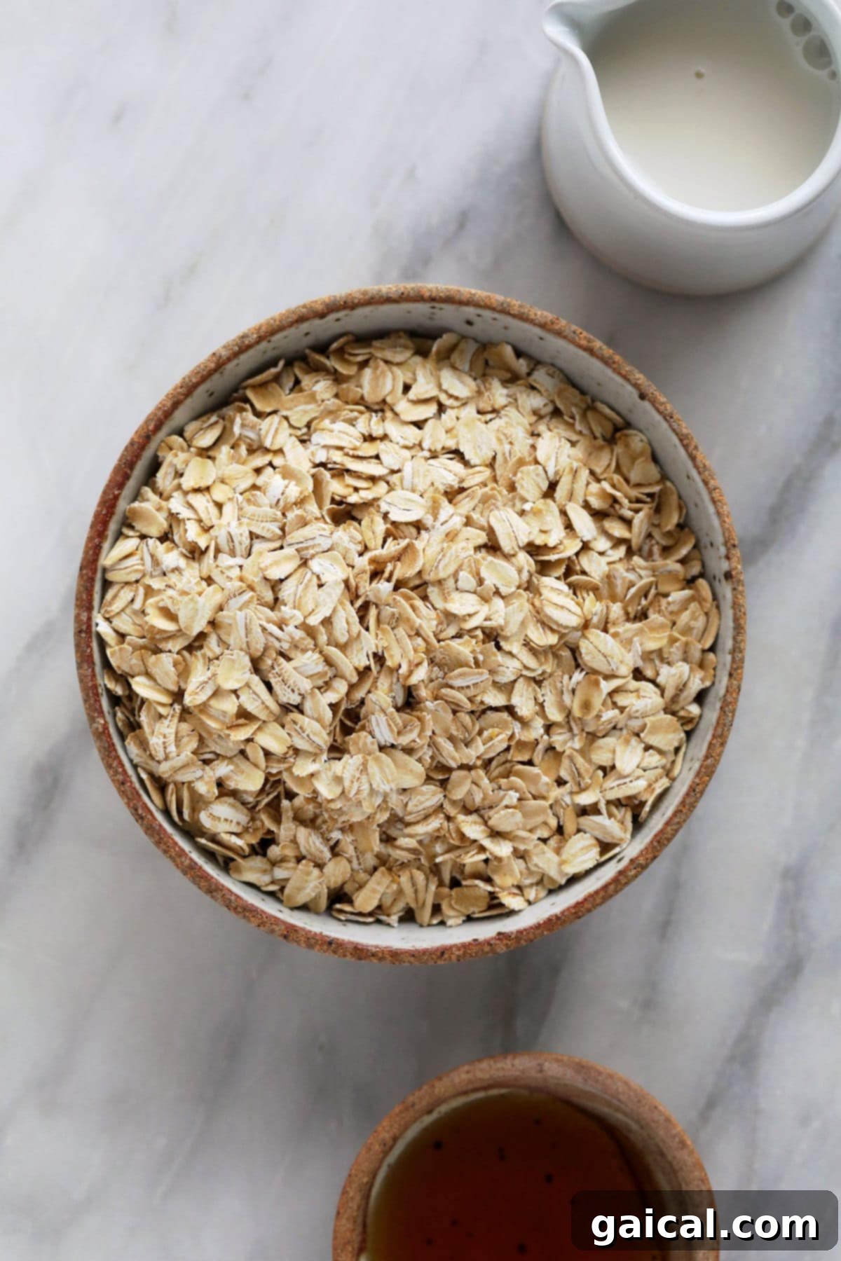 Instant Pot Oatmeal is a healthy breakfast packed with fiber and protein. This Instant Pot Oatmeal recipe is naturally vegan and gluten-free! A close-up shot of dry rolled oats in a bowl, highlighting their flat, disc-like appearance, ready for cooking in the Instant Pot.