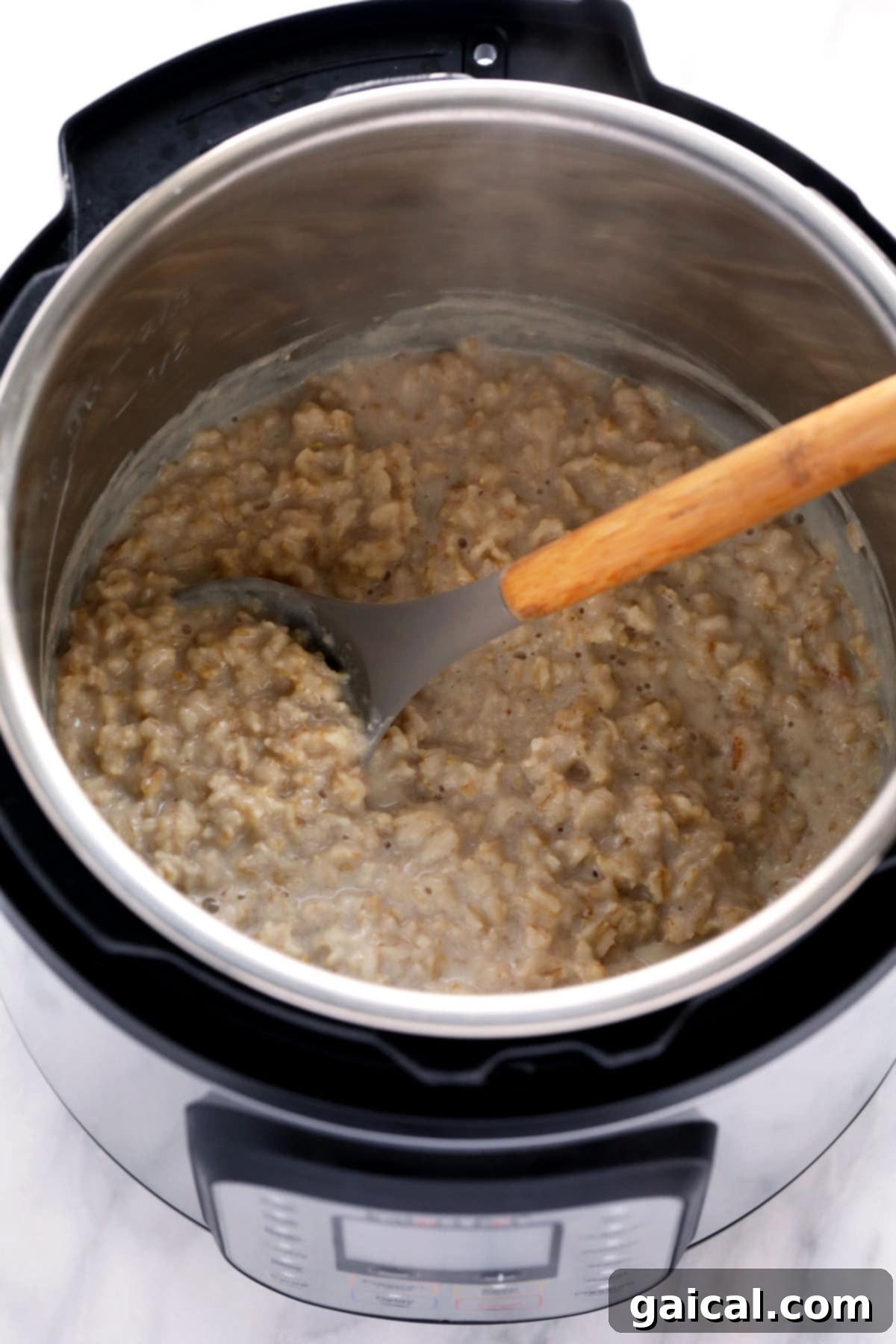 Instant Pot Oatmeal is a healthy breakfast packed with fiber and protein. This Instant Pot Oatmeal recipe is naturally vegan and gluten-free! A close-up of a bowl filled with rich, creamy Instant Pot oatmeal, perfectly cooked and ready for toppings.