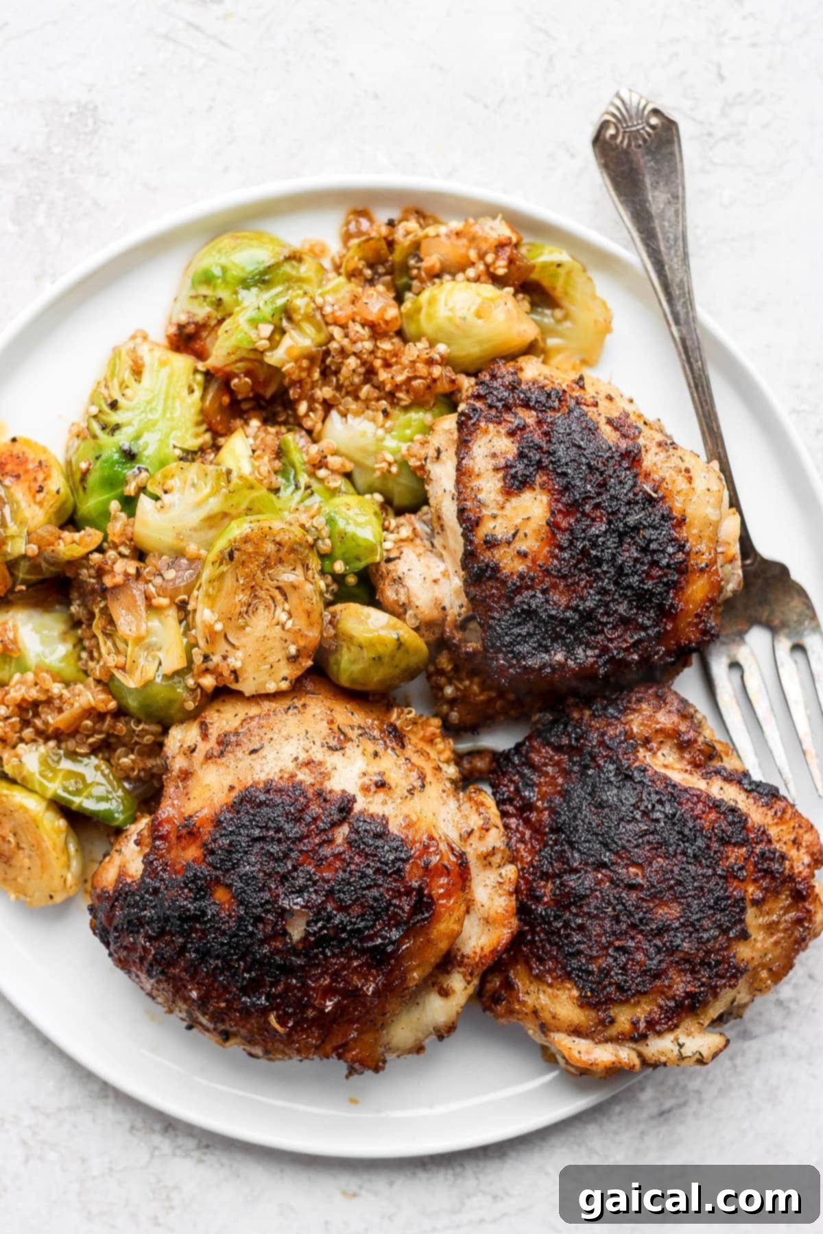 Plated Dutch oven chicken thighs with Brussels sprouts and quinoa, served on a white plate with a fork.