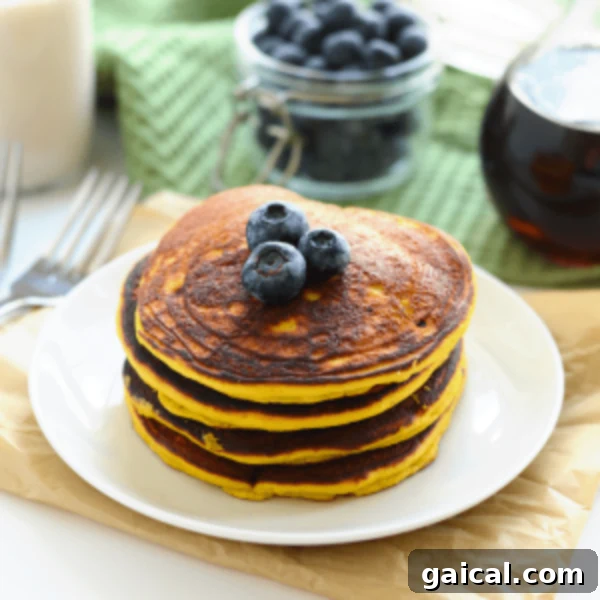 A stack of golden brown paleo coconut flour pancakes with berries.