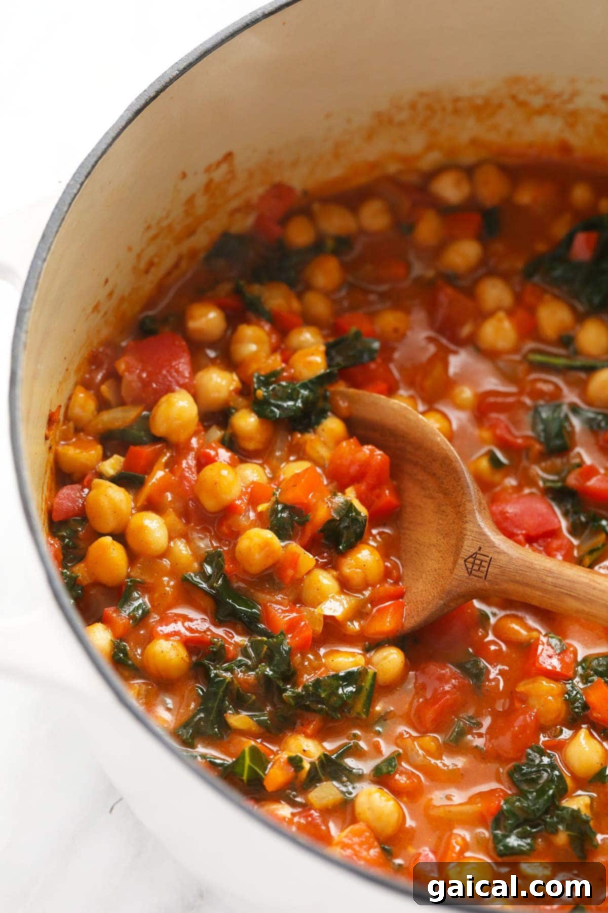 Quick and Creamy Chickpea Curry 2 A large pot of chickpea curry in a Dutch oven, ready to be portioned out.