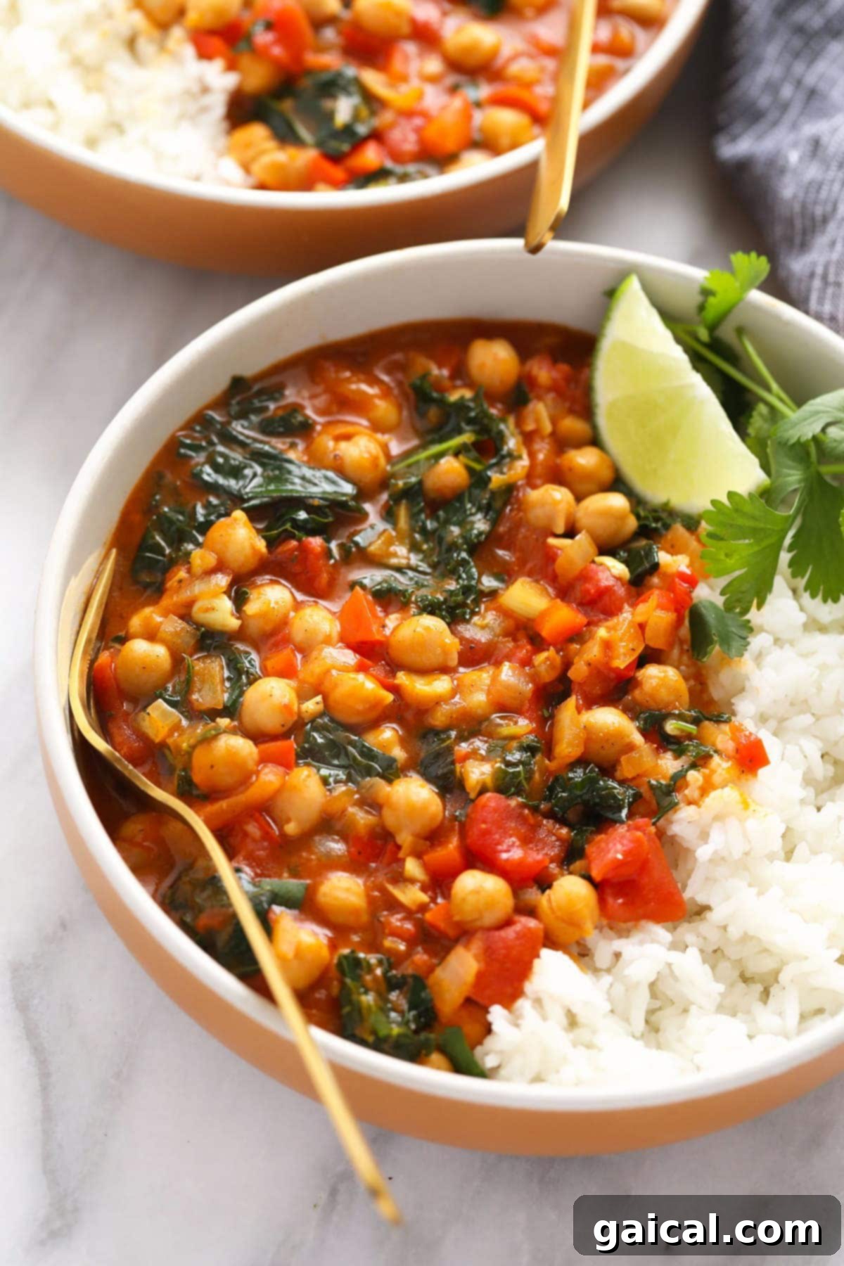 Quick and Creamy Chickpea Curry 3 Close-up of a serving of chickpea curry, showcasing its rich texture and vibrant ingredients.
