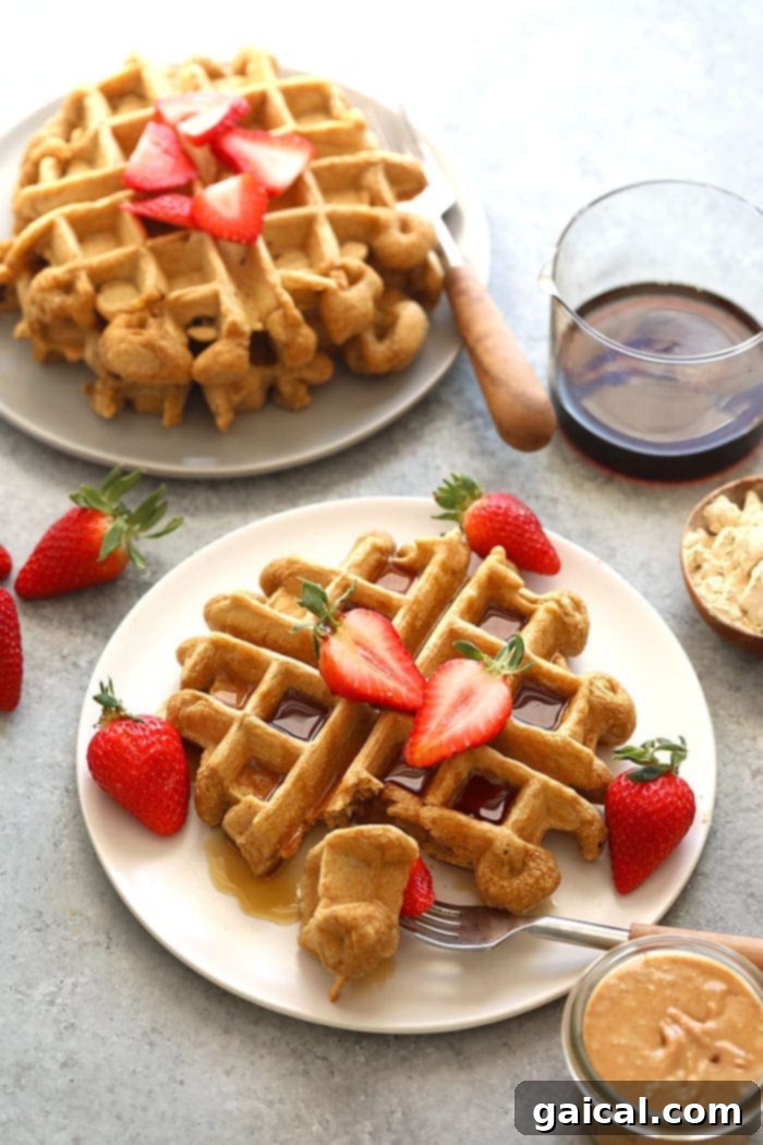 Reheated Protein Waffles Healthy protein waffles on a plate, ready to be enjoyed