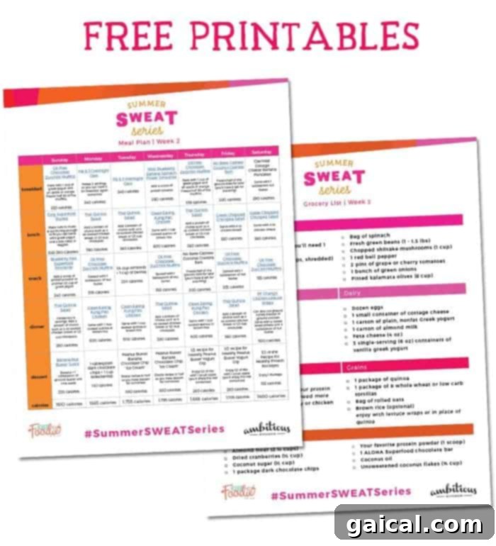 It's week 2 of the Summer SWEAT Series. Download your free, printable meal plan and grocery list filled with nutritious meals, snacks, and even dessert! 