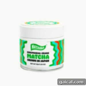 Matcha powder tin, showcasing the quality ingredient.