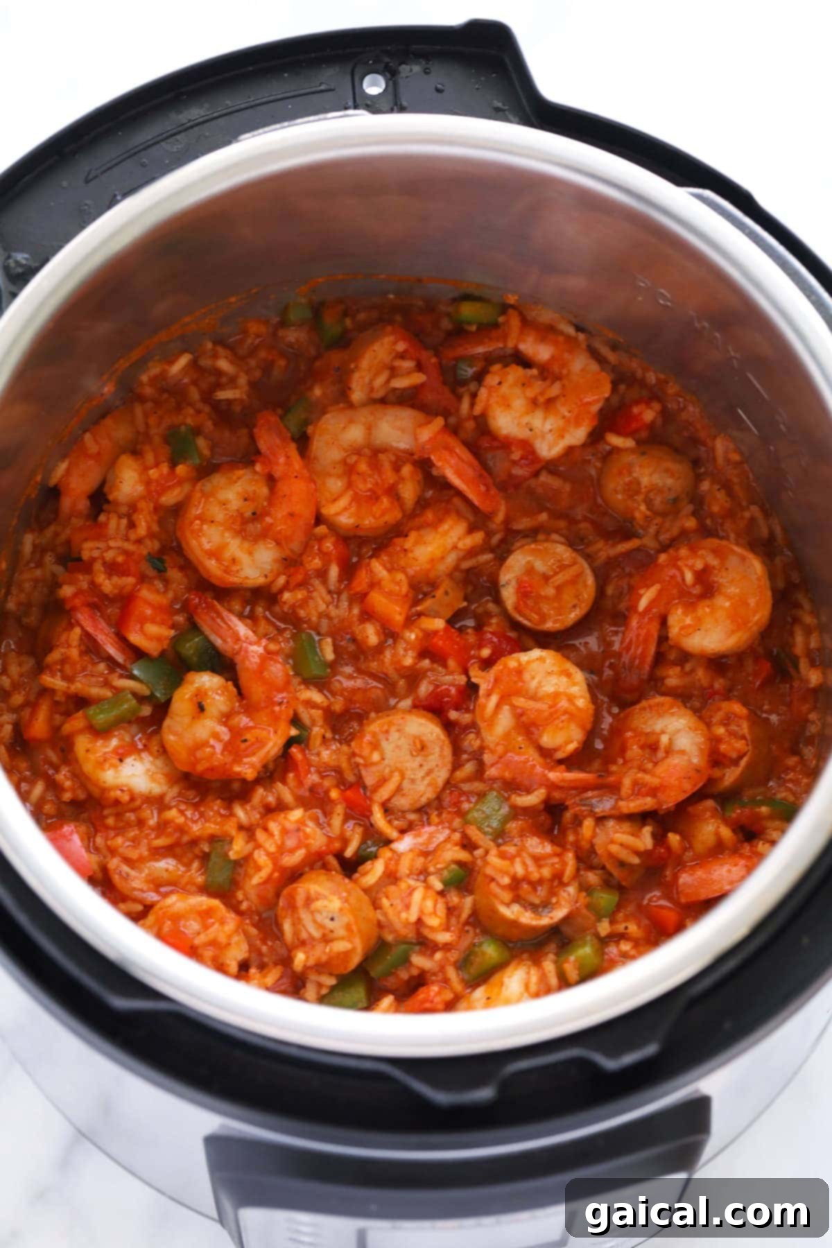 Easy Instant Pot Jambalaya 7 Finished Instant Pot Jambalaya, rich with plump shrimp and sliced andouille sausage, perfectly cooked and ready to be served directly from the Instant Pot.