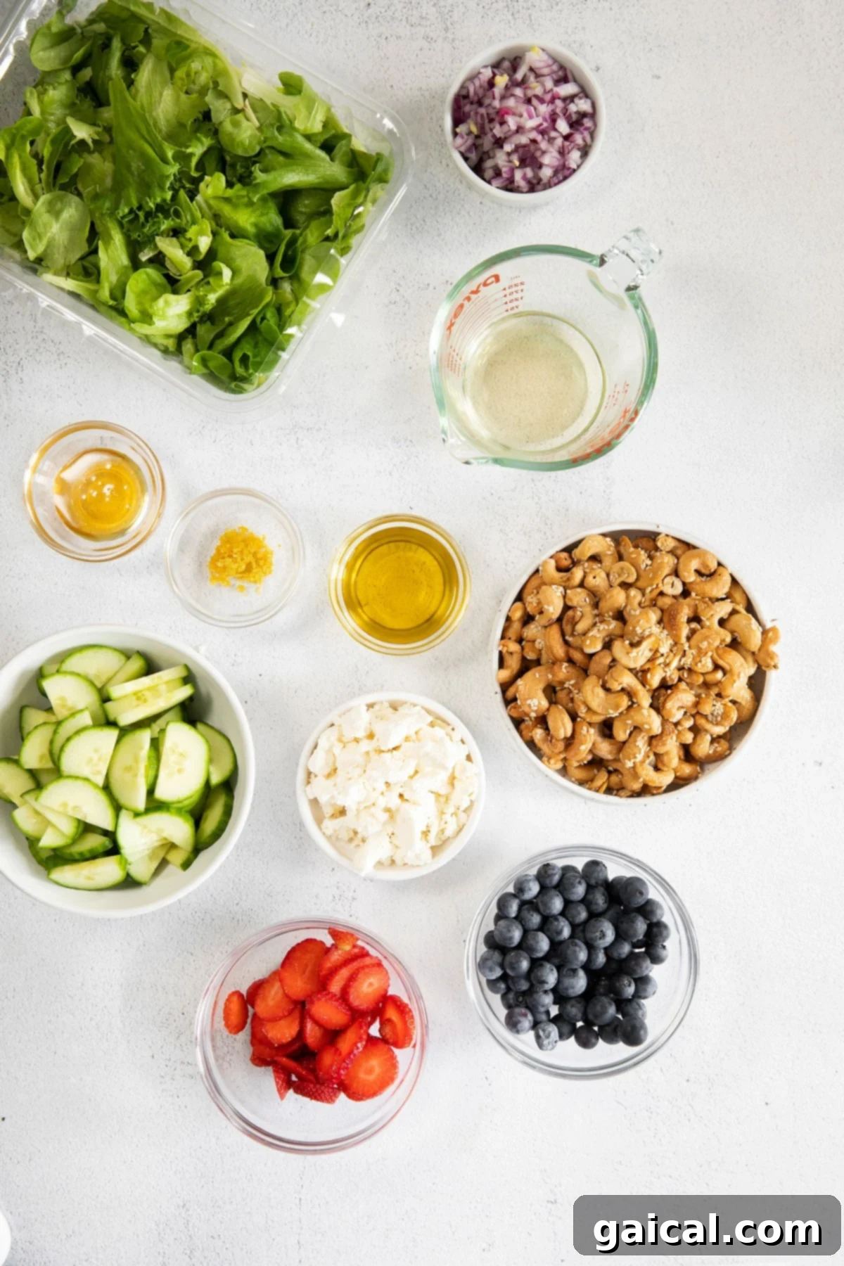 Vibrant Spring Greens 3 All of the ingredients for a spring mix salad laid out in small bowls, ready for assembly.