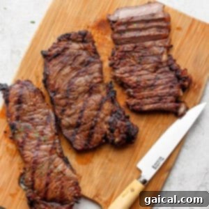 steak on cutting board.