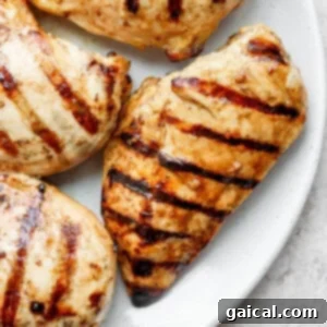 Grilled chicken breasts on a white plate, showcasing the delicious results of a perfect marinade, ready to be enjoyed.