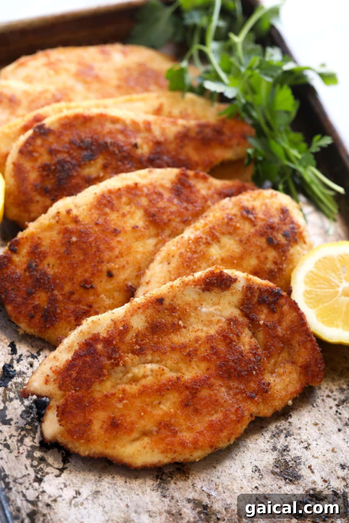 Six golden-brown Parmesan crusted chicken breasts neatly arranged on a baking sheet, ready to be served or enjoyed.