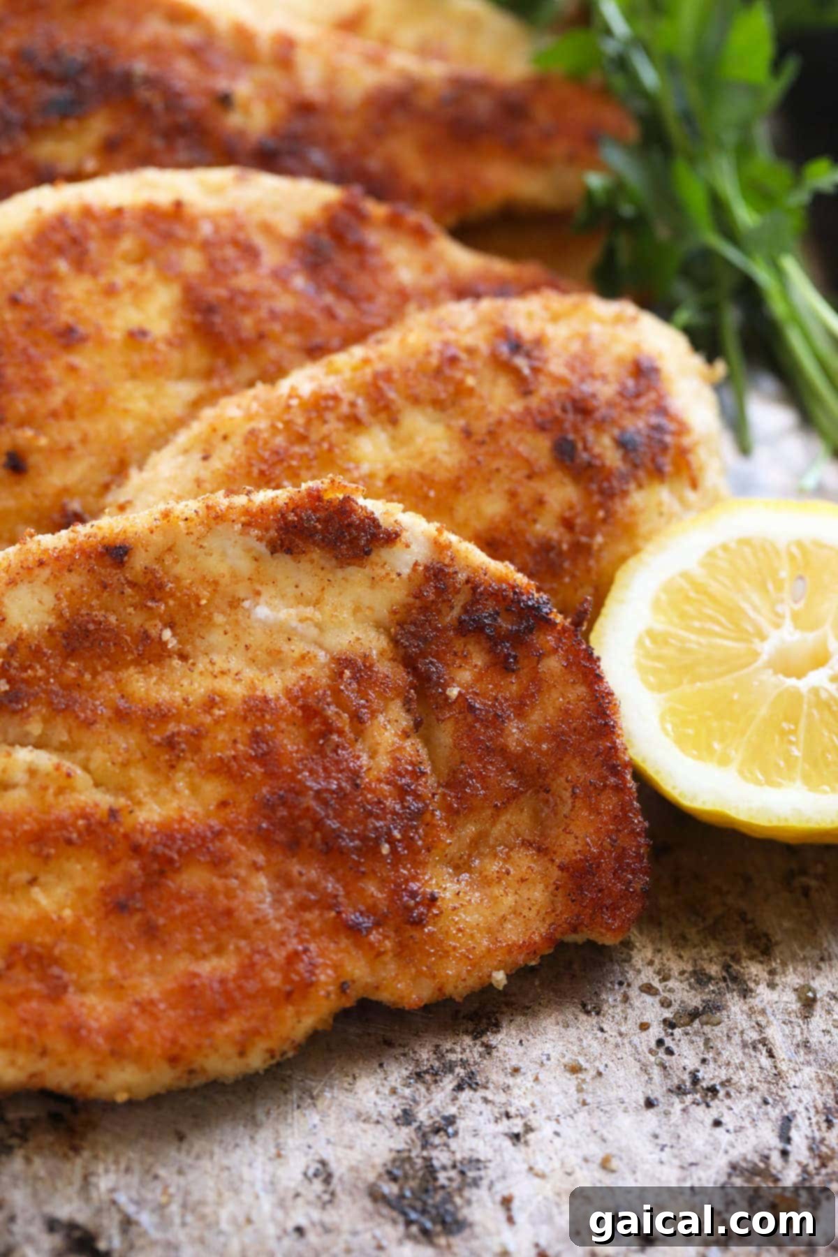 A crispy Parmesan crusted chicken breast served alongside a fresh lemon wedge, ready to be enjoyed.