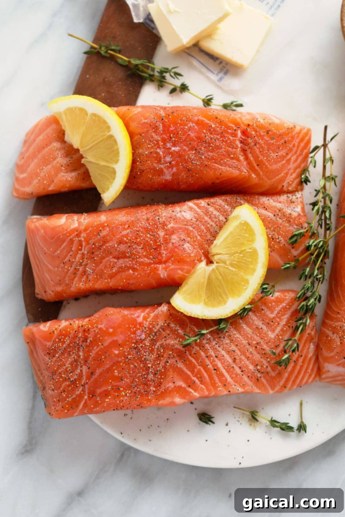 Raw salmon fillets seasoned with salt, pepper, fresh lemon slices, and thyme sprigs on a white plate, ready for cooking.