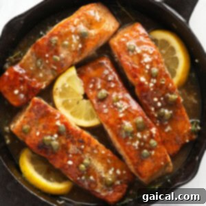 Salmon piccata in a cast iron skillet