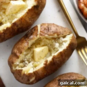 Smoke-Kissed Baked Potatoes 5 three baked potatoes on a plate with a fork.
