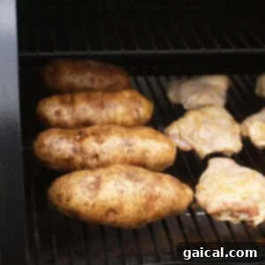 Smoke-Kissed Baked Potatoes 4 a bbq grill with chicken and potatoes on it.