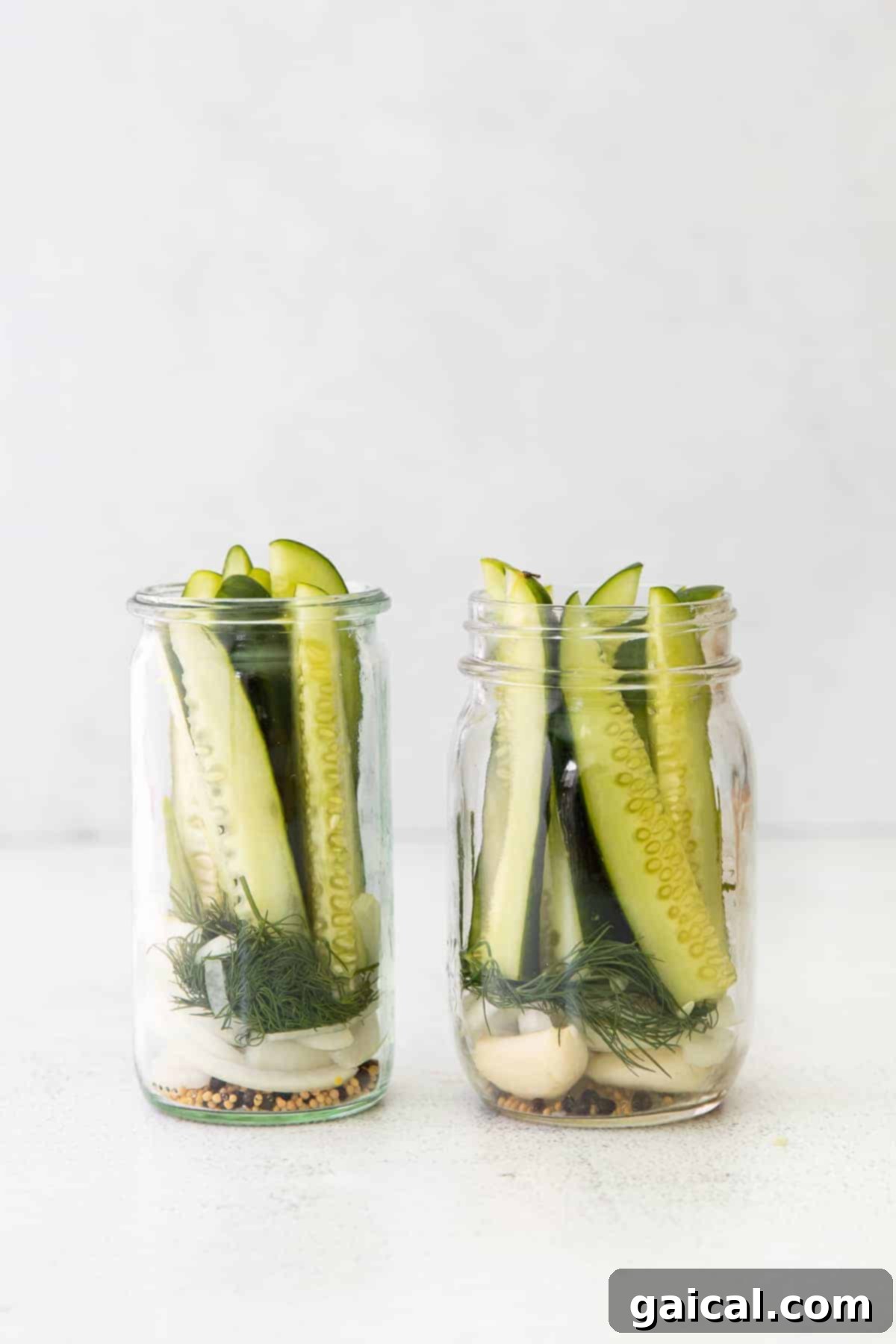 Fresh dill, white onion, mustard seeds, and sliced cucumbers arranged inside two mason jars, ready for the pickling brine.